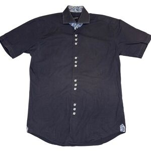 Bugosse Men's Short‎ Sleeve Shirt Sz 3 Med Navy Blue Paisley Trim Accents Casual